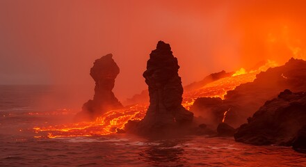 Fiery Lava Flow Meets Ocean Water at Dramatic Sunset