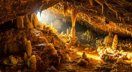 Magical Golden Cave Interior with Stalactites and Stalagmites Illuminated by Sunlight