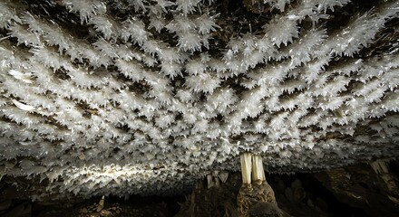 Delicate Ice Crystal Formations Hanging from Cave Ceiling Underground