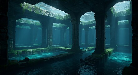 Sunlit Underwater Ruins of Ancient Submerged Stone Structure