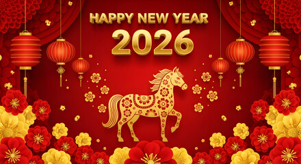Fototapeta premium Paper-cut style golden horse with floral patterns on a red background, surrounded by paper flowers and hanging lanterns. Happy New Year 2026 greeting ... 