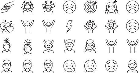 Human Emotions and Expressions Line Icons happy confused