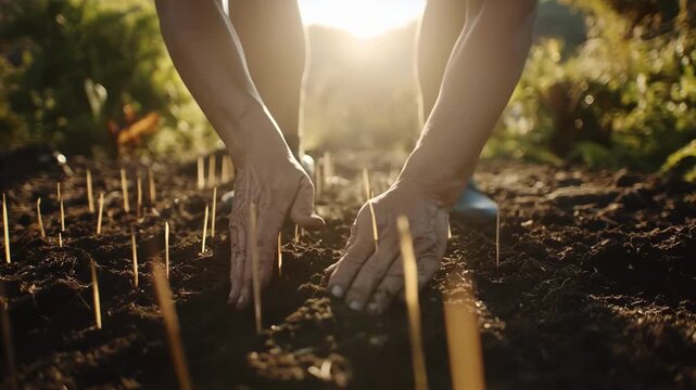 Medium shot showing a scientist inspecting temperature probes carefully placed in various soil layers during early morning.