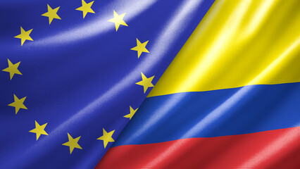 European Union and Colombia two national flags filling the entire frame, close-up view, edge-to-edge composition