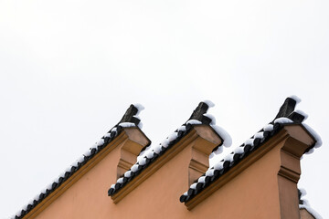 Snow-Covered Chimneys on Ancient Building After Winter Snowfall © LyVan