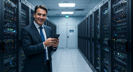 Happy mature man engineer wearing suit using mobile cell phone at data center work. Middle aged manager holding smartphone looking at camera standing in server room security warehouse.