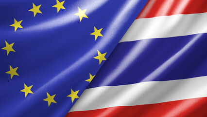 European Union and Thailand two national flags filling the entire frame, close-up view, edge-to-edge composition