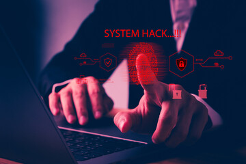 System hack concept showing hacker hands fingerprint scan laptop with red warning sign, system hack notification, data breach risk, digital attack, network protection, online privacy threat