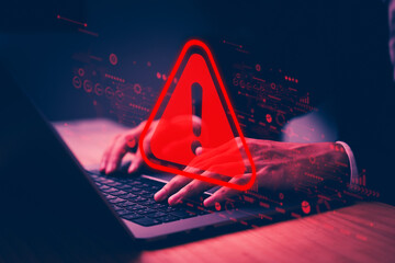Cyber security alert showing hacker hands using laptop with red warning sign, system hack notification, data breach risk, digital attack, network protection, online privacy threat