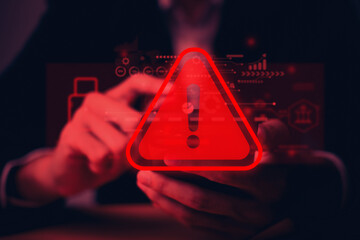 System hacked warning alert on smartphone. Cyber attack on computer network, Virus, Spyware, Malware or Malicious software. Cyber security and cybercrime. Compromised information internet.