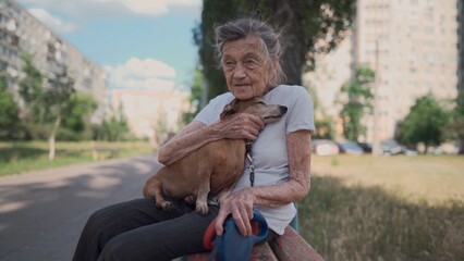 Animal theme is a lonely old woman best friend. Caucasian 90 years old senior female is happy to spend time with her pet small dachshund dog, holding her in her arms, hugging hugs and kisses outdoor.