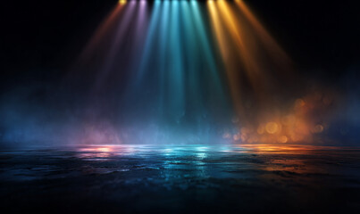 Fototapeta premium Dramatic Stage Lights Shine Bright in Dark Room with Fog