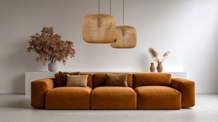 Inviting modern living room features a plush velvet sofa in warm tones, accented by elegant decor and artful lighting. A serene atmosphere enhances relaxation and comfort