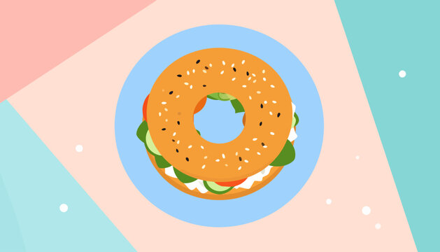 A vibrant cartoon illustration of a sesame bagel filled with cream cheese, cucumber, and tomato, served on a blue plate with a colorful geometric background.