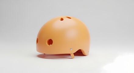 Fototapeta premium A pale orange helmet with ventilation holes is displayed against a white background, showcasing its sleek design