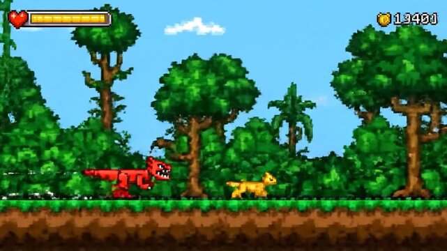 Pixelated jungle scene featuring a red dinosaur chasing a yellow feline, with health bar and coins