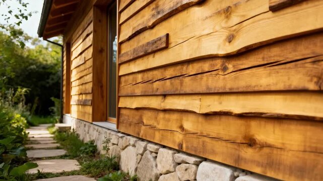 Midrange view of a natural timber cladding facade showcasing the warm tones and organic texture enhancing a residential homes rustic appeal.