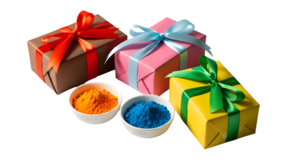 Three gifts and two powder colors isolated on transparent background
