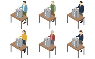 アイソメトリックイラスト：投票箱に投票用紙を入れる人々