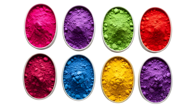 Eight oval shaped holi powder colors isolated on transparent background - Powered by Adobe