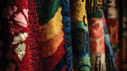 Colorful woven textiles in abstract pattern
