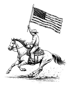 Patriot cowboy riding a horse holding an American flag, sketch illustration, vector isolated on transparent background