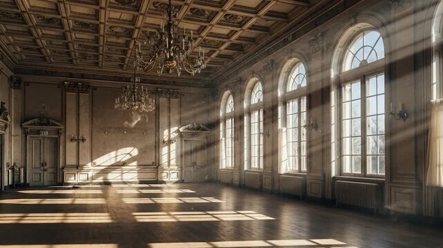 A grand, sunlit interior with arched windows, chandeliers, and patterned ceiling. Wooden floors reflect light