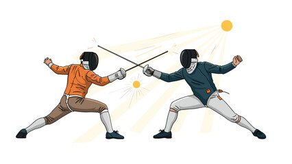 Dynamic fencing match with swords: intense combat scene in vibrant colors