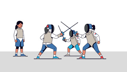 Animated fencing tournament scene with female athletes in action