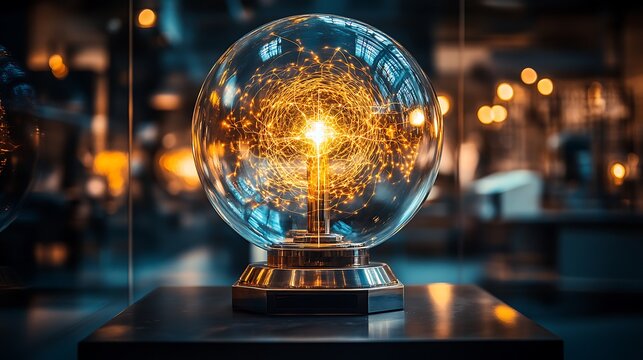 AI brain network in glass sphere.
