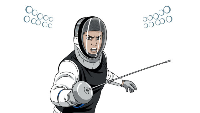 Dynamic fencer in action with protective gear and sabre against white background