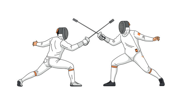 Dynamic fencing duel with swords: two fencers in action emphasizing sport and competition