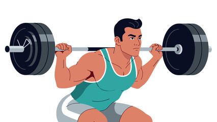 Young athletic man performing a barbell squat exercise in gym setting