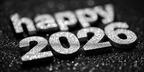 Sparkling metallic typography forms cheerful date message on dark shimmering surface.