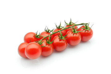 Cherry tomato branch isolated on white background. Red fresh tomatoes close-up.	