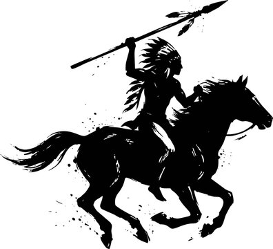 Native American Rider on Horseback Silhouette. Indigenous Culture Ink Brush Vector