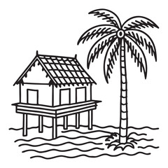 vintage tropical palm tree,house,beach vector line art illustration.