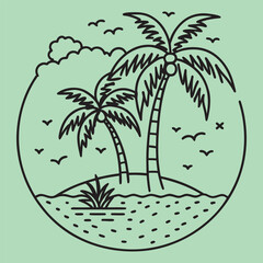vintage tropical palm tree,house,beach vector line art illustration.
