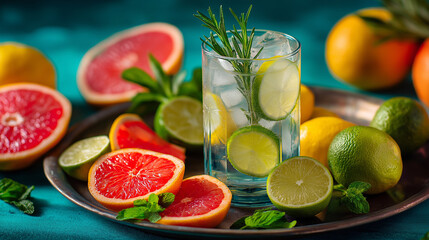 Refreshing Summer Drink with Ice, Citrus, Rosemary and Mint on Green Background, Copy Space