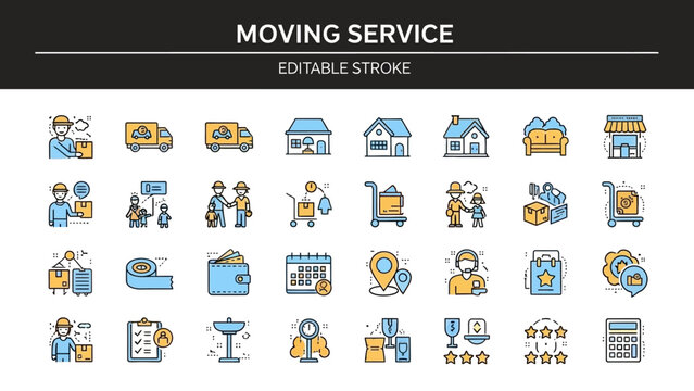 Solid sleek line icons for professional moving and relocation services, featuring reliable transport, efficient logistics, secure packing, and seamless home delivery solutions