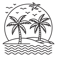 vintage tropical palm tree,house,beach vector line art illustration.