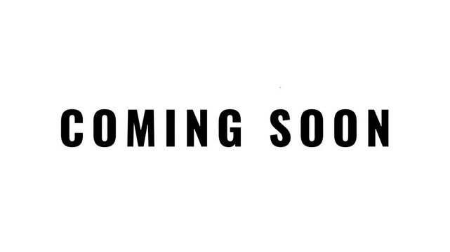 "Coming Soon" text animation with Roll effect, thin Oswald Bold typeface, 4K footage on white background.
