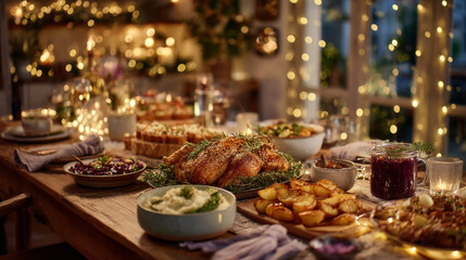 Delicious Holiday Feast with Roasted Turkey and Sides on a Festively Decorated Table with Warm Lighting Effects