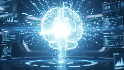 Glowing digital brain surrounded by data displays and a circular futuristic interface - Powered by Adobe