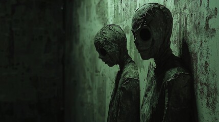Eerie Figures in Dark Hallway Two Masked Entities Leaning Against Distressed Wall.