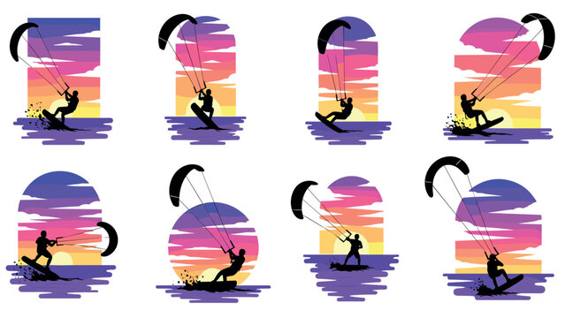 Silhouette kitesurfing at sunset with vibrant sky backdrop