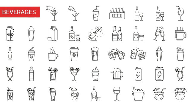 Solid sleek collection of various outline beverage icons, perfect for menus, apps, and digital design projects, representing drinks from coffee to cocktails