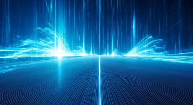 Abstract blue digital highway with rushing light streaks and motion blur suitable for high speed internet concepts data transfer backgrounds and futuristic transport.