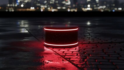 A glowing red cylinder on a brick walkway at night