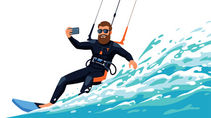 Man taking selfie while kitesurfing on ocean waves in adventure scene